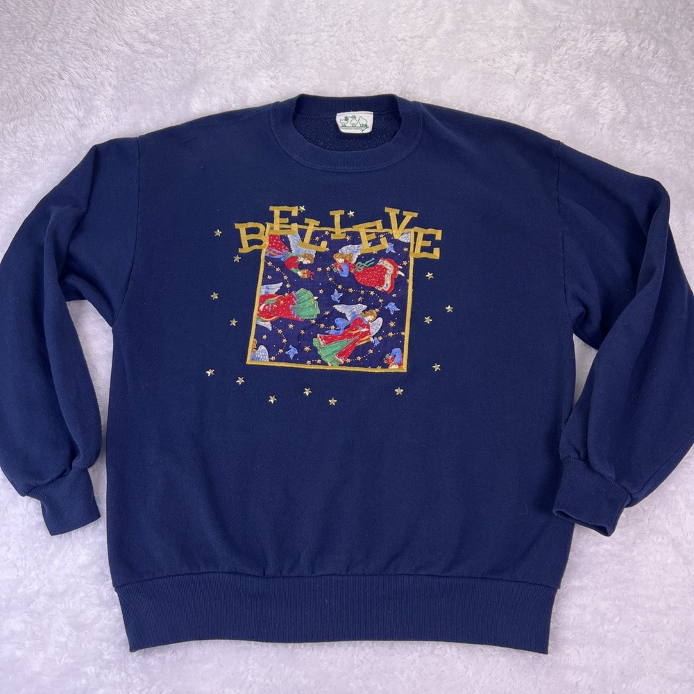 VTG 90s Christmas Angels 'Believe' Embroidered Sweatshirt M/L Single Stitch